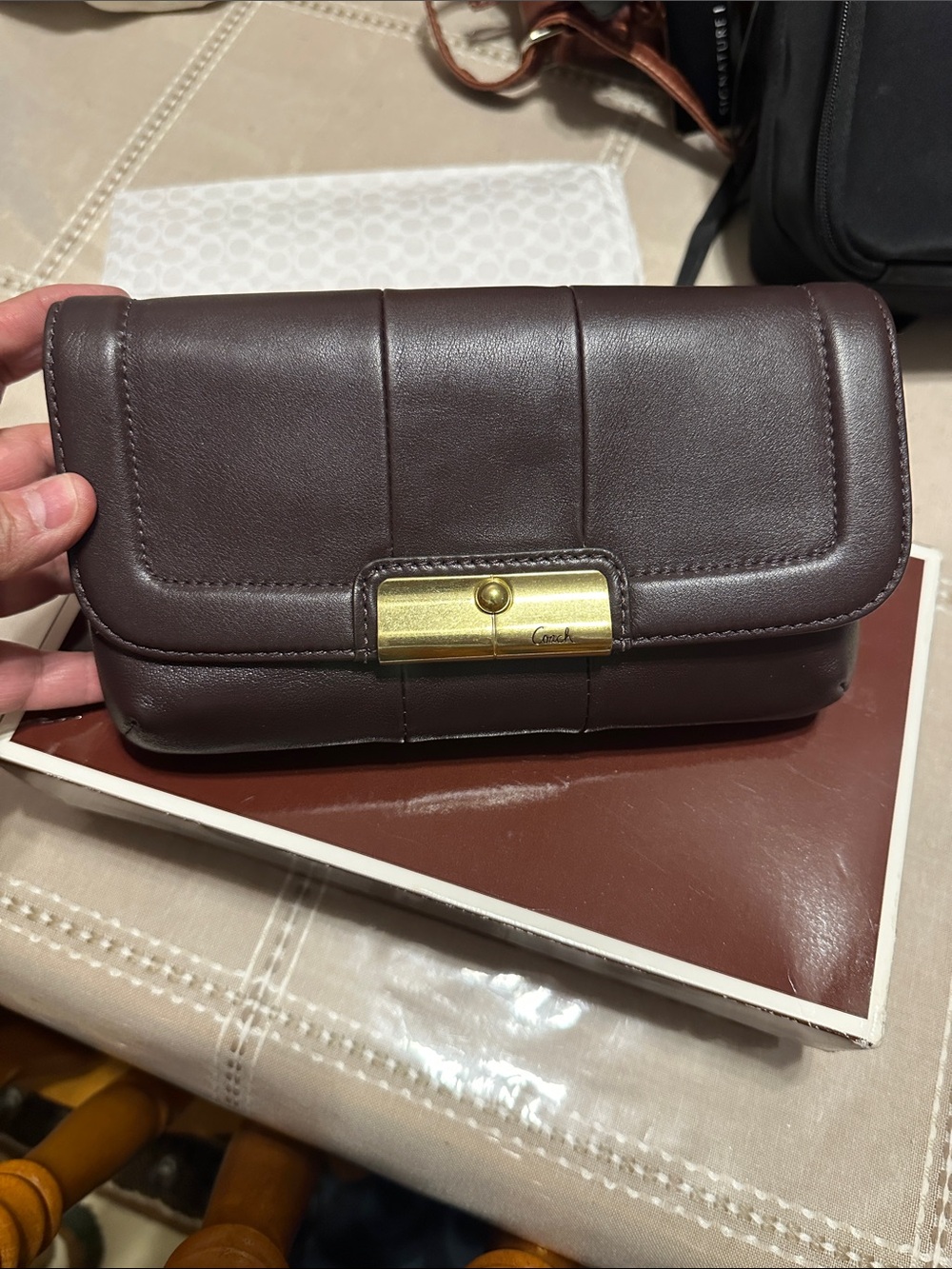 Coach Dark Plum Leather Flap Clutch with Gold Snap
